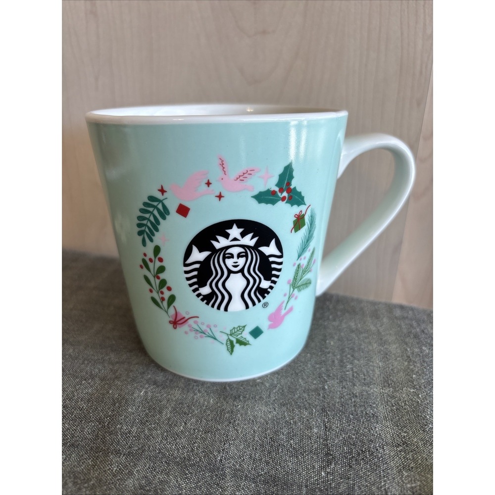 Starbucks 2019 Christmas Holiday Mug 18 oz – Mint Green Pink Birds Holly Wreath